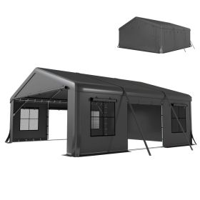 20' X 20' Heavy Duty Carport, Portable Garage Car Canopy Tent Shelter With 3 Roll-up Doors, 4 Windows, Dark GrayFor Multiple Packages, Please Pay Atte